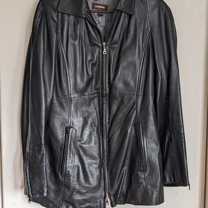 Danier Black Leather Jacket with Zipper Closure and Standard Collar